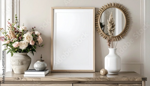 A stylish entryway with a blank mockup frame positioned on a console table. The entryway is decorated with a statement mirror, fresh flowers, and chic accessories, enhancing the frame's appeal. --chao