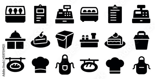 Bakery and cafe solid icons set – filled, culinary, pastry shop symbols