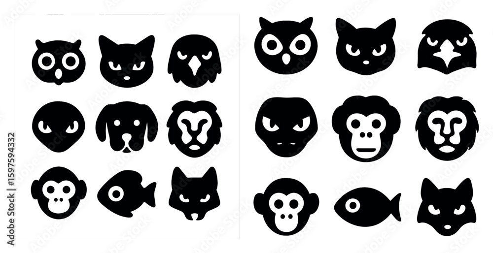 Obraz premium Animal and wildlife silhouette icons set – filled, nature, creature symbols