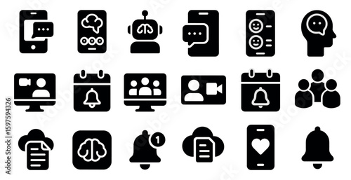Communication and chat solid icons set – silhouette, messaging and social media symbols