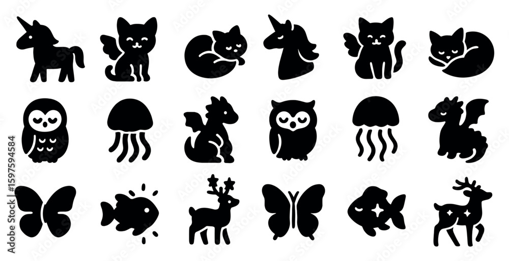 Obraz premium Fantasy and animal silhouette icons set – solid, filled, mythical and creature symbols