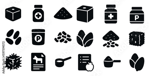 Pharmacy and medicine solid icons set – health, flat, medical and drug symbols