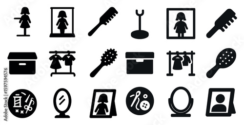 Fashion and grooming solid icons set – wardrobe, hairbrush, styling essentials