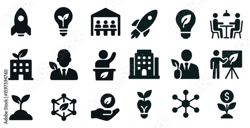Business and innovation solid icons set – filled, enterprise and startup symbols