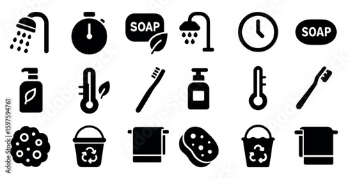 Bathroom hygiene solid icons set – flat, filled, cleaning and sanitary symbols