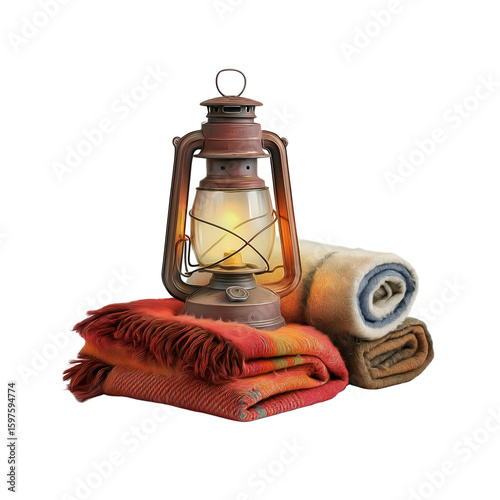 cozy camping setup with vintage lantern on transparent background, cut out