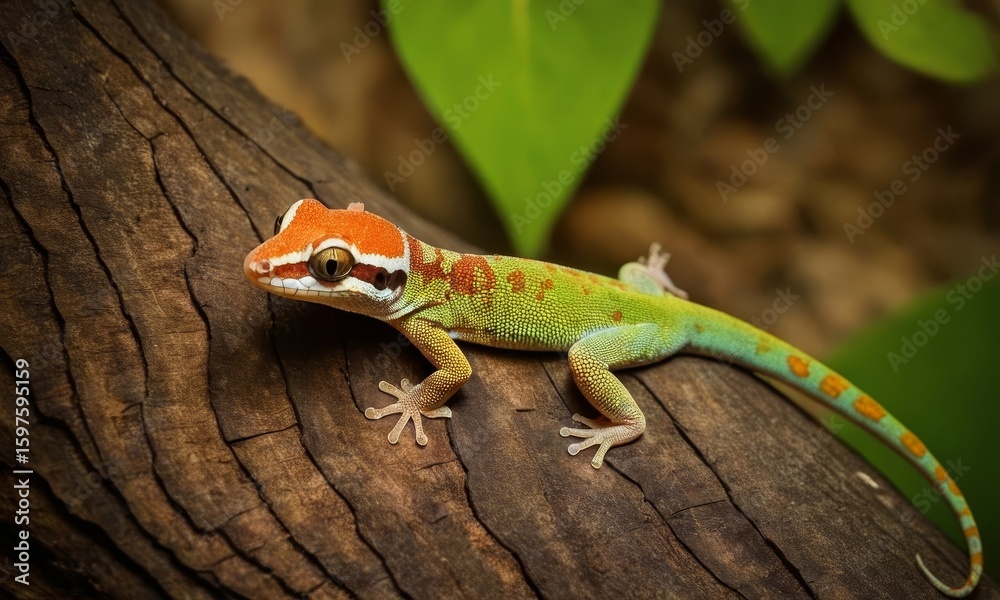 Fototapeta premium Vibrant gecko resting on a textured tree branch in the jungle