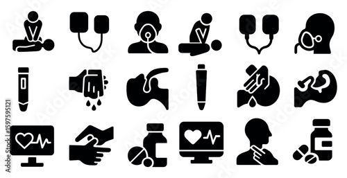 Medical emergency solid icons set – healthcare, cpr, first aid symbols