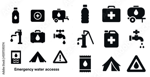 Emergency and water access solid icons set – filled, supply, safety essentials