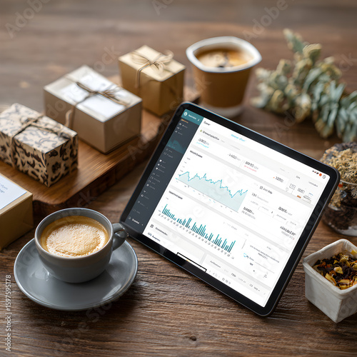 Tablet Displaying Data with Coffee and Box on Wooden Table – Workspace Flatlay