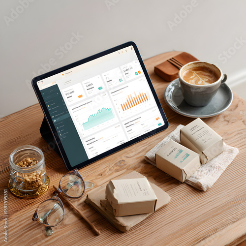 Modern Desk Setup with Tab Showing Analytics, Coffee Mug, and Package Box