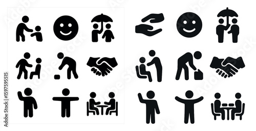 Social interaction solid icons set – filled, community, handshake and relationship symbols