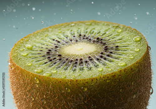 Vibrant Kiwi Slice with Refreshing Water Drops. Healthy Fruit Close-Up with Copy Space