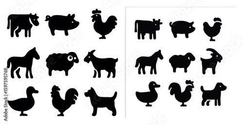 Farm animal silhouette icons set – simple, solid, barnyard and livestock designs