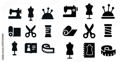 Sewing and craft solid icons set – silhouette, filled, stitching and tailoring symbols