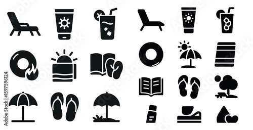 Beach and summer outline icons set – linear, seaside, vacation essentials