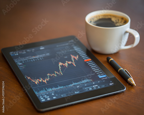 Stock Market Analytics on Tablet with Pen and Coffee Cup – Business Concept