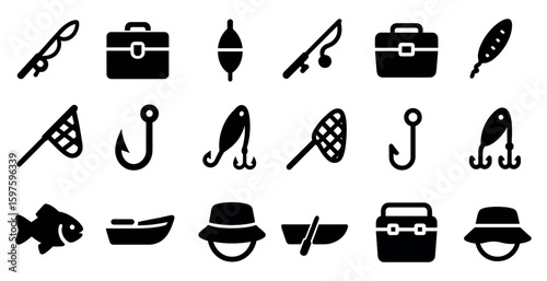 Fishing solid icons set – silhouette, filled, angling and tackle symbols