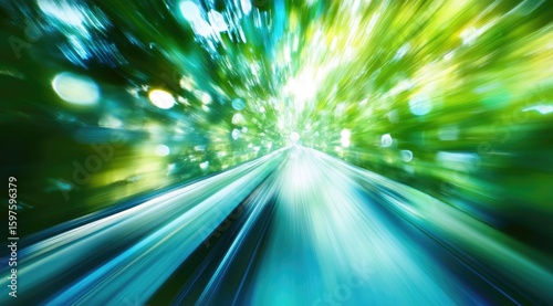 Fast-moving tunnel, vibrant greens & blues