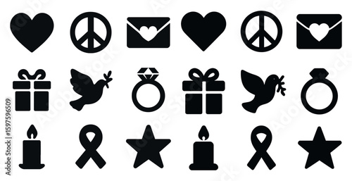 Love and peace solid icons set – filled, silhouette, symbols for gifting and messages
