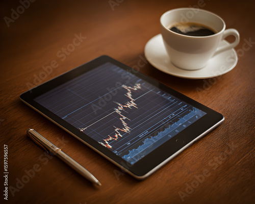 Financial Workspace with Tablet Showing Market Trends, Coffee, and Pen
