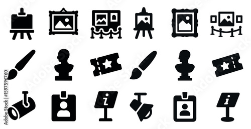 Art and museum solid icons set – filled, creative, cultural symbols for galleries