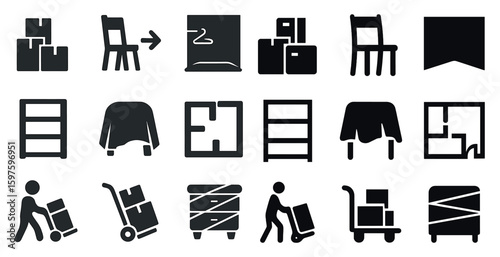 Moving and packing silhouette icons set – solid, filled, relocation and storage symbols