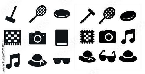 Leisure and recreation icons set – solid, silhouette, lifestyle and hobby symbols