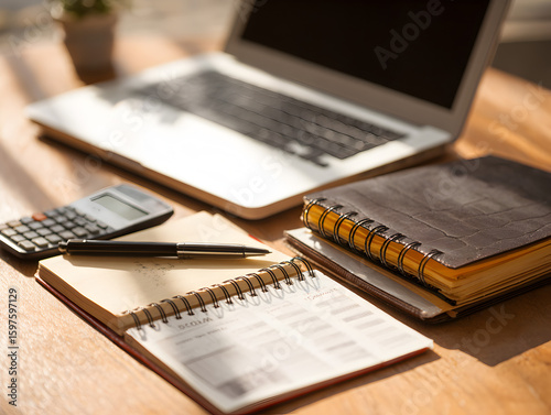 Modern Work Setup: Coffee, Laptop, and Notebook on Wooden Table