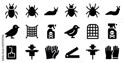 Pest control solid icons set – filled, silhouette, infestation and extermination symbols