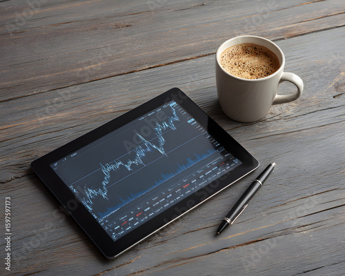 Tablet Displaying Stock Market Graph with Pen and Coffee Mug on Desk
