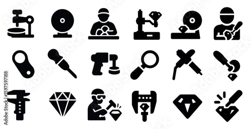 Jewelry and gemstone solid icons set – silhouette, filled, crafting and tools symbols