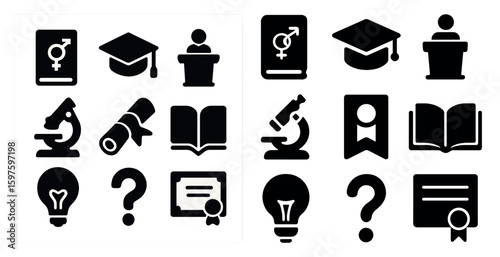 Education and learning solid icons set – flat, filled, academic and study symbols
