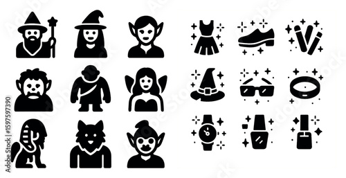 Fantasy and magic silhouette icons set – filled, solid, mythical creature symbols