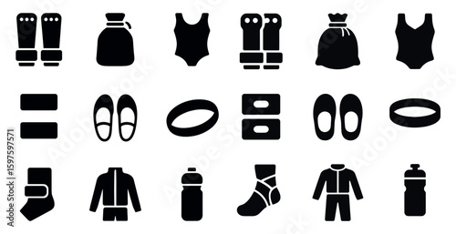 Martial arts solid icons set – filled, silhouette, combat and fitness symbols