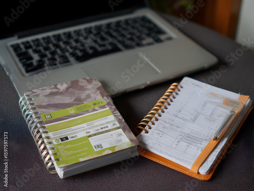 Productive Morning Scene with Notebook, Laptop, and Coffee on Desk