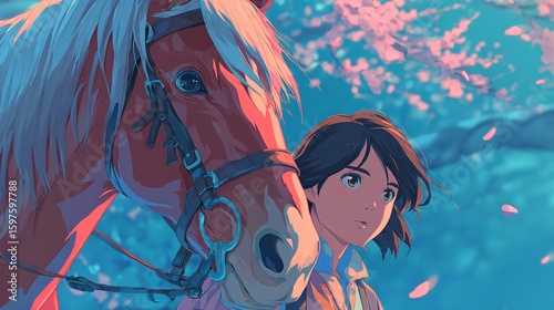 Obraz na plátně A girl and her horse share a quiet moment of friendship beneath a cherry blossom