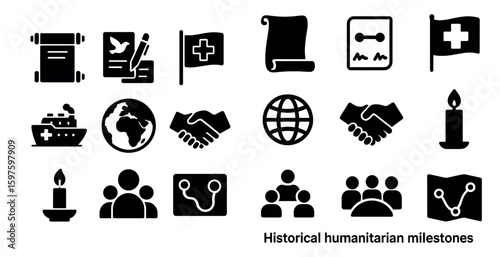 Historical icons set – silhouette, solid, landmark and event symbols