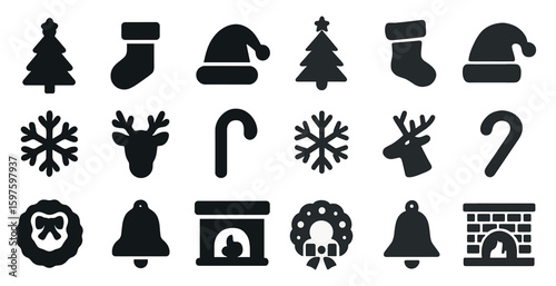 Christmas holiday solid icons set – winter, festive, seasonal decor symbols