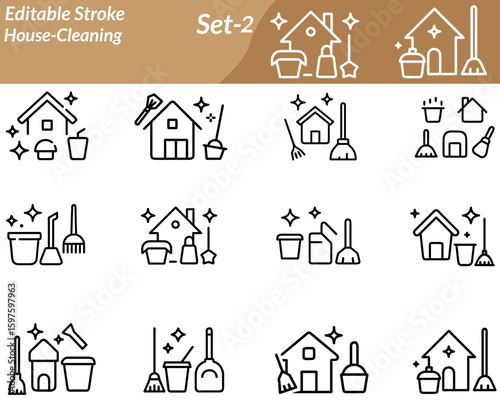 A cheerful cleaning figure holding a mop and spray bottle beside a sparkling house. Represents cleanliness, tidiness, hygiene, home care, and maintenance. Suitable for cleaning services visuals.