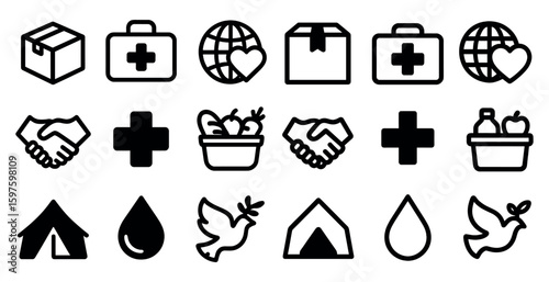 Humanitarian aid icons set – solid, silhouette, relief and support symbols