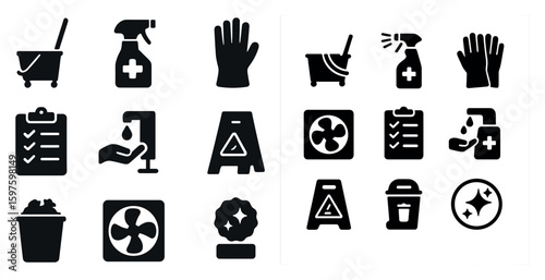 Cleaning and hygiene silhouette icons set – solid, filled, sanitation symbols