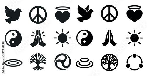 Peace and harmony icons set – silhouette, serene, meditation symbols and signs