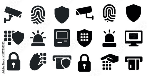 Security and surveillance icons set – solid, filled, protection and monitoring symbols
