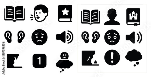 Education and communication solid icons set – filled, learning, speaking symbols