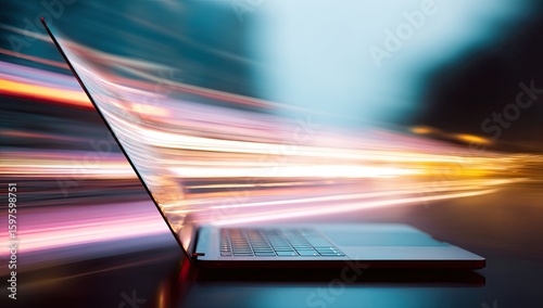 Modern laptop with a blurred city light trail on its screen, depicting speed and connectivity