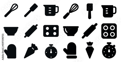 Baking tools silhouette icons set – solid, filled, kitchen utensils and equipment