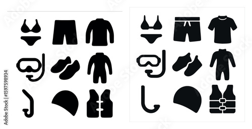Swimwear and gear solid icons set – filled, water sports, beach essentials