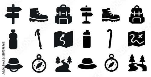 Hiking and adventure solid icons set – filled, outdoor, journey symbols