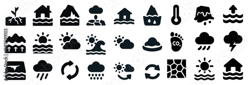 Flood disaster solid icons set – silhouette, filled, water and emergency symbols